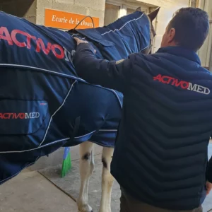 Cheval au box équipé d’une couverture Activomed