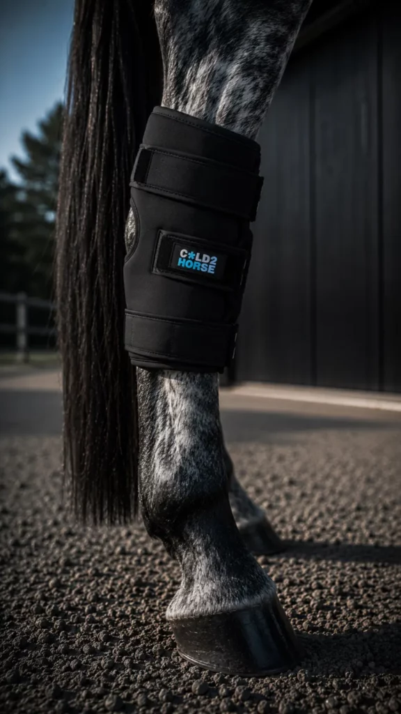 Protection Cold2Horse CryoHock posée sur le jarret d'un cheval